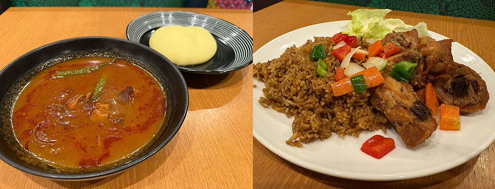 ピリ辛な味がクセになる鶏のスープともちもちのフフとガーナ風ピラフのジョロフライスと鶏のフライ